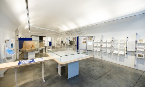 Weißer Ausstellungsraum mit hohen gewölbten Decken, Glasvitrine zentral, viele Wanddisplays mit Texten und Exponaten