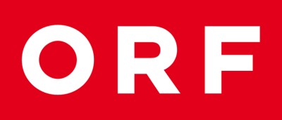 ORF Logo: Weiße Buchstaben 'ORF' auf rotem Hintergrund