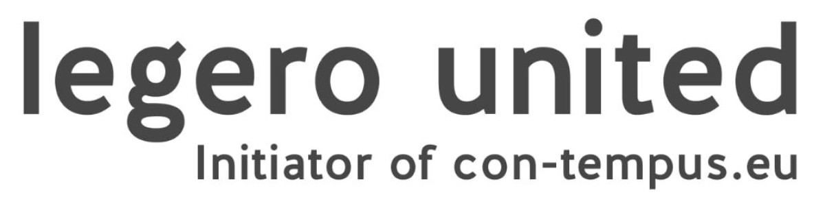 legero united Logo: Text ‚legero united‘ und ‚Initiator of con-tempus.eu‘ in schwarzer Schrift