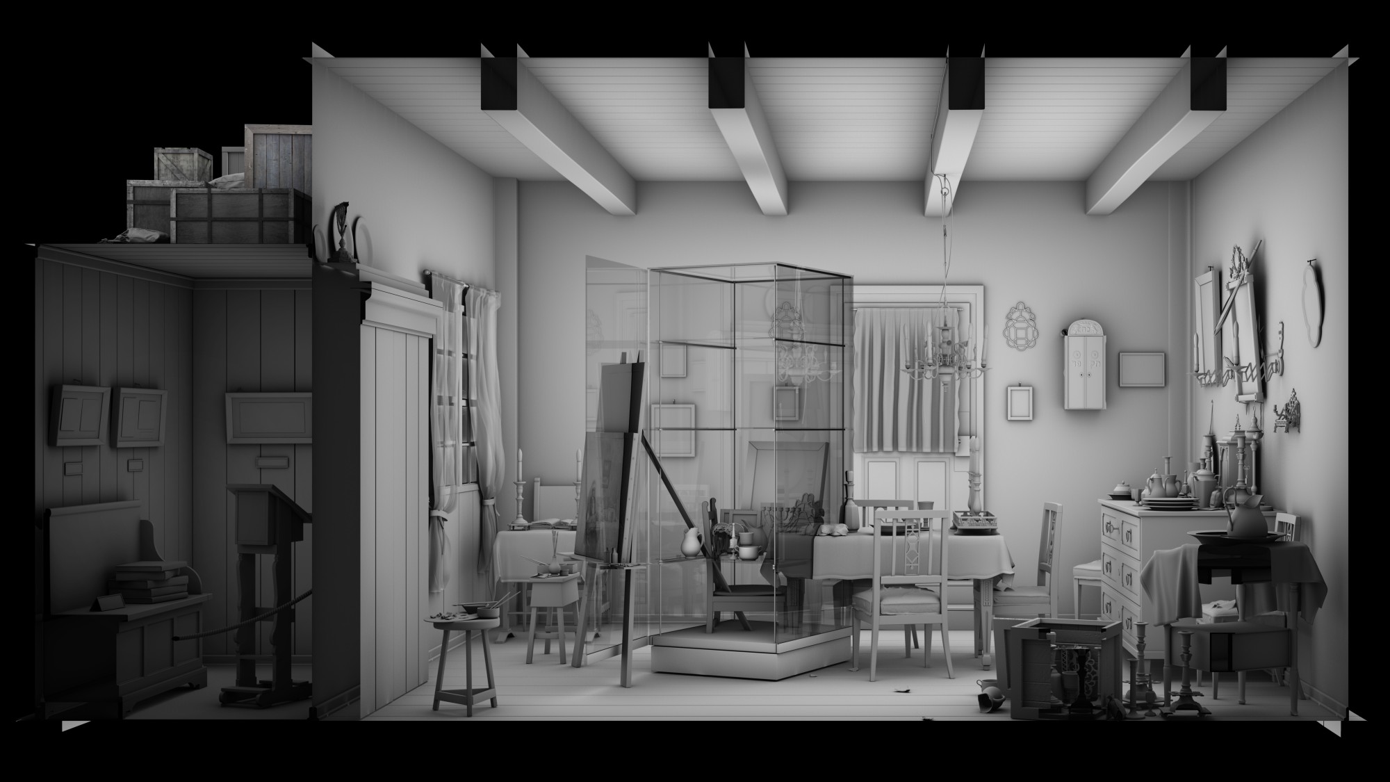 3D model of a historic living room: Monochrome 3D model of a furnished room with central glass display case, tables, chairs, lamps, and wall decorations