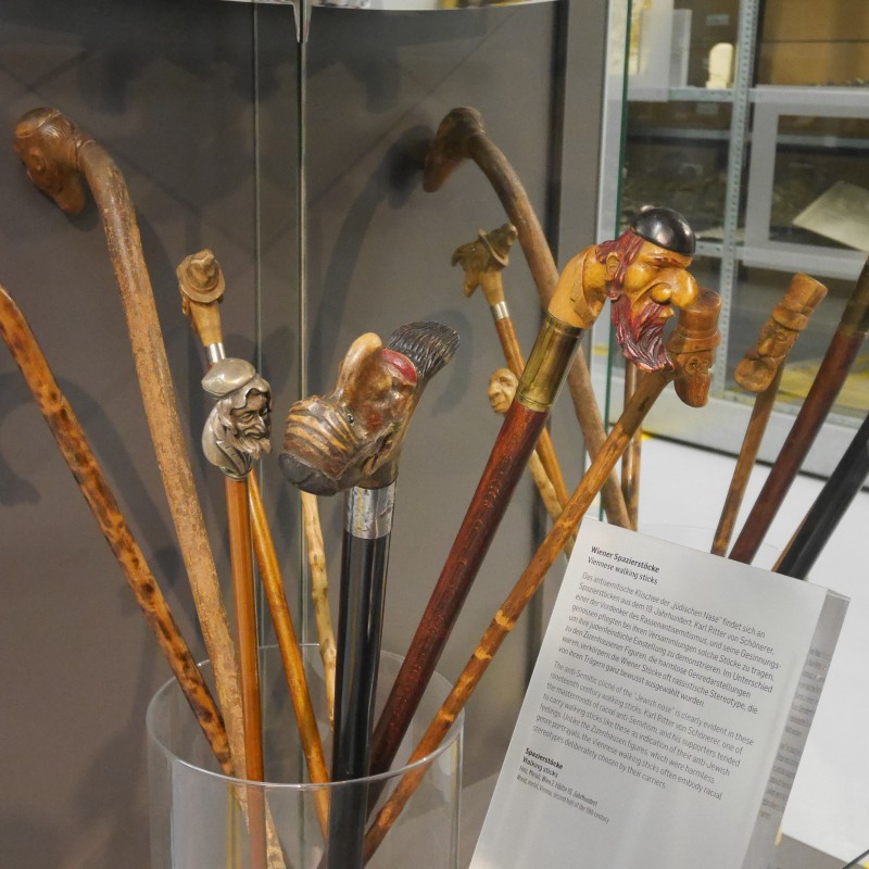 Sammlung von zehn Spazierstöcken mit geschnitzten Köpfen als Griffe, aufrecht in einem Glasbehälter in einem Museumsglasvitrinenschrank.