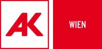 Logo AK Wien: Rotes Logo mit den Buchstaben 'AK' in Großbuchstaben links auf weißem Hintergrund, rechts rotes Feld mit weißem Text 'WIEN'
