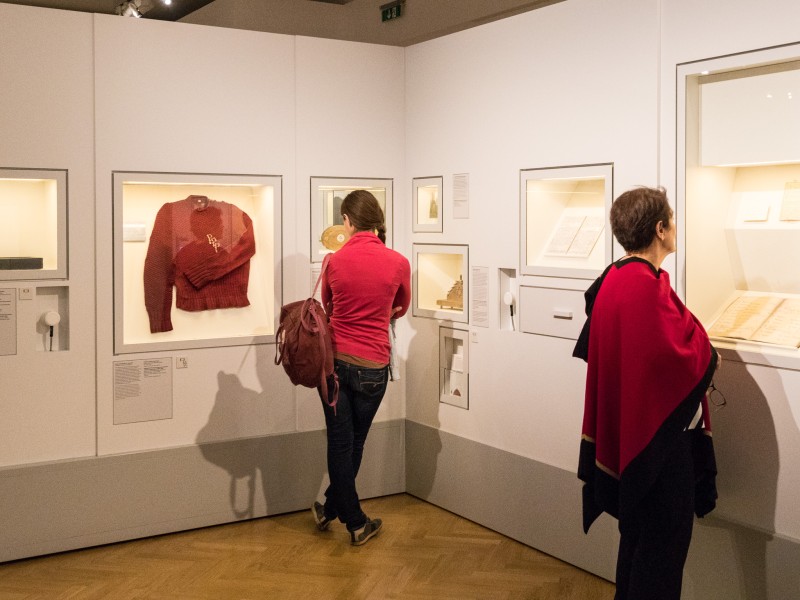 Besucher in einer Museumsausstellung: Zwei Personen betrachten verschiedene Exponate in beleuchteten Vitrinen einer Museumsausstellung mit Texttafeln an den Wänden.
