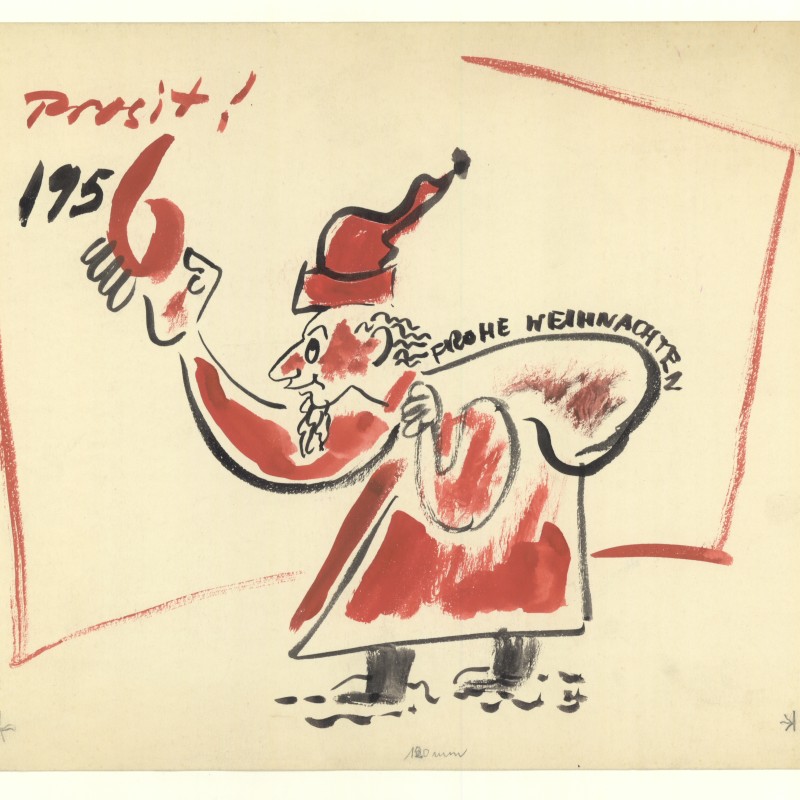 Karikatur eines Weihnachtsmanns mit Zipfelmütze und großem Sack, der "Frohe Weihnachten" trägt, mit der Zahl 1756 und dem Text "Prosit!"