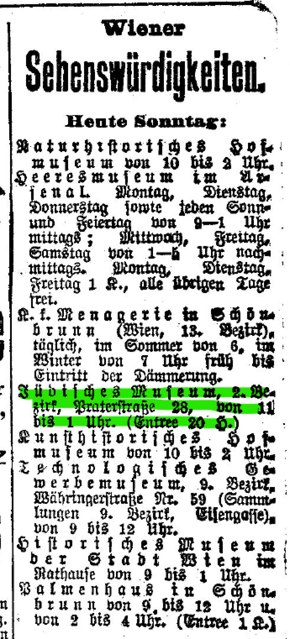 : Excerpt from an old newspaper featuring the opening times of the first Jewish Museum Vienna 