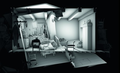 : An artistic computer rendering of a room decorated for Shabbat on display at a Jewish museum.
