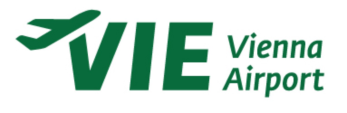 Logo des Flughafens Wien: Grünes Logo mit stilisiertem Flugzeug über den Buchstaben VIE und dem Text 'Vienna Airport'