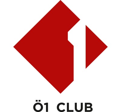 Logo Ö1 CLUB: Rotes, abstrahiertes Muster aus einem großen und einem kleinen Quadrat mit abgerundetem Ausschnitt, darunter Schrift 'Ö1 CLUB'