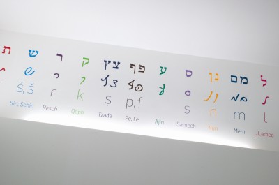 Hebräisches Alphabet mit Umschrift: Tafel mit farbigen hebräischen Buchstaben, darunter lateinische Umschriften und Lautangaben