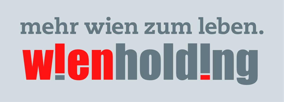 Logo der Wienholding: Schriftzug 'mehr wien zum leben.' in grauer Schrift und 'wienholding' darunter, wobei 'wien' in roter und 'holding' in grauer Schrift steht, mit Ausrufezeichen als i und l