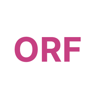 Großer rosa Schriftzug 'ORF' auf weißem Hintergrund